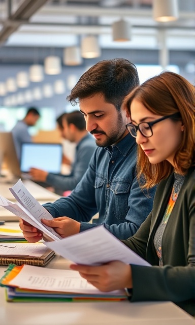 collaborative multilingual translation, determined expression, working diligently, photorealistic, bustling coworking space with diverse cultures, highly detailed, translators exchanging documents, sharp focus, pastel colors, ambient lighting, shot with an 85mm lens.