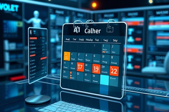 futuristic AI calendar, organized, syncing seamlessly, photorealistic, in a sleek modern workspace filled with digital screens and holograms, highly detailed, animated appointments and reminders, ultra-high resolution, metallic silver, warm spotlight, shot with a macro lens.