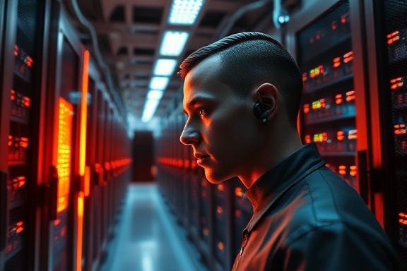 advanced AI technology, focused, interacting with a glowing interface, photorealistic, inside a modern server room with endless racks, highly detailed, energy pulses visibly coursing, 8k resolution, metallic and neon accents, overhead LED lights, shot with a 24mm wide-angle lens