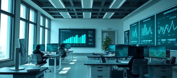 cutting-edge AI progress, determined, developing algorithms, photorealistic, modern office space with sleek gadgets, highly detailed, dynamic graphs, 4K detail, teal and white balance, soft ambient lighting, shot with a 24mm lens.