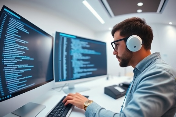 streamlined software interface, attentive, navigating menus, photorealistic, a cutting-edge virtual workspace with minimalist aesthetics, highly detailed, scrolling code lines, super-high-definition, pastel shades, indirect track lighting, shot with a fisheye lens