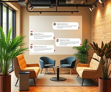 innovative AI support, friendly and approachable, responding to user queries, photorealistic, in a co-working space with open seating and green plants, highly detailed, dynamic conversation bubbles, full-frame resolution, warm earth tones, softbox lighting, shot with a wide-angle lens.