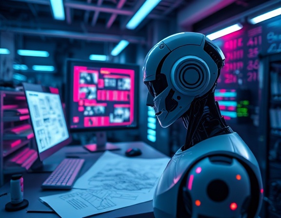 conceptual AI demo concept, inspiring, visualizing future applications, photorealistic, in an innovation lab, highly detailed, with concept sketches and blueprints, 10K resolution, futuristic neon accents, moody low-key lighting, shot with a macro lens.
