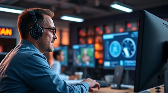 interactive AI integration, engaged expression, collaborating with users, photorealistic, in a virtual workspace with virtual monitors and holographic interfaces, highly detailed, 3D elements and user engagement, 8k resolution, spectrum of colors, dynamic lighting, shot with a tilt-shift lens.