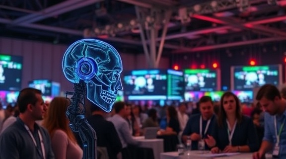 cutting-edge AI demo, engaging, demonstrating real-time processing, photorealistic, in a bustling tech conference, highly detailed, with live coding sessions, 4K resolution, vibrant RGB tones, high contrast lighting, shot with a wide-angle 24-70mm lens.