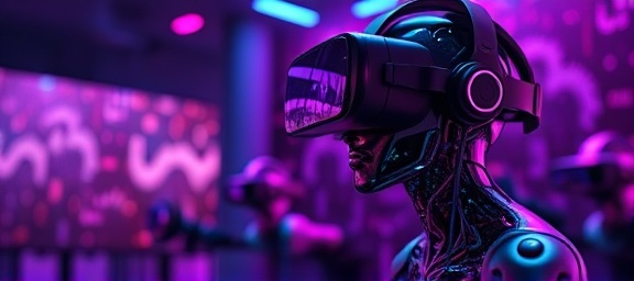 dynamic AI digital, creative, crafting digital art forms, photorealistic, in a virtual reality design studio with VR equipment, highly detailed, pixelated animations coming to life, high-definition clarity, holographic purples and magentas, studio lighting, shot with an 85mm prime lens