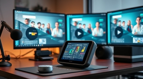 cutting-edge AI communication device, portable and versatile, synchronizing with digital assistants, photorealistic, set on a workstation with multiple screens and smart accessories, highly detailed, adaptive UI, 4K resolution, charcoal black, spotlight lighting, shot with a tilt-shift lens.