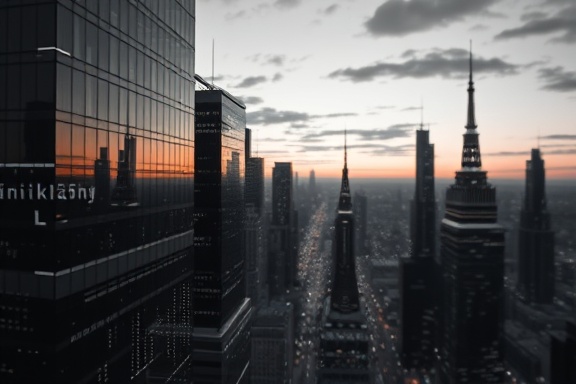 intelligent AI technology, focused, constructing neural networks, photorealistic, futuristic cityscape at dusk, highly detailed, electronic fluxes, super-resolution, silver grayscale, low-key lighting, shot with a 28mm lens.