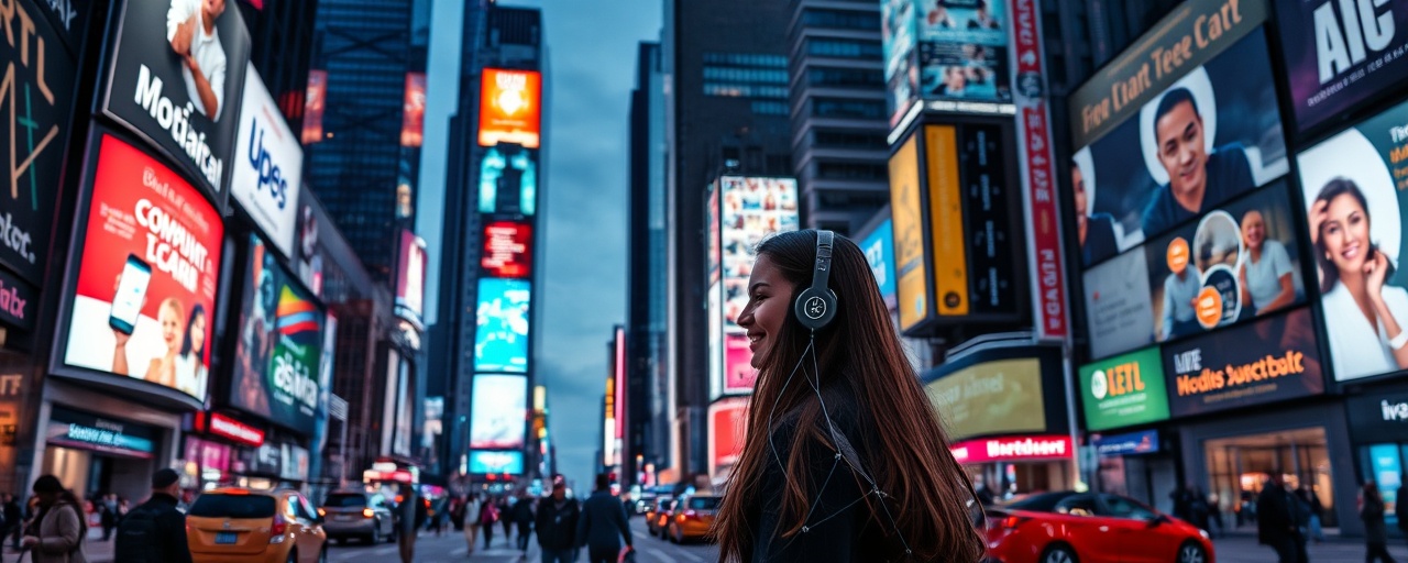 advanced digital contact technology, showing engagement, connecting, photorealistic, amidst a bustling cityscape with digital billboards, highly detailed, dynamic data streams overlay, ultra-high resolution, neon colors, twilight lighting, shot with a wide-angle lens