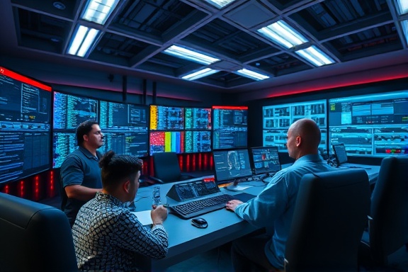 innovative network control panel, intent, adjusting configurations, photorealistic, a spacious IT command center with panoramic viewscreens, highly detailed, flickering diagnostic lights, 12k resolution, bright hues, fluorescent overhead lighting, shot with a wide-angle lens