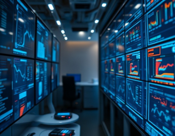 advanced AI innovation, curious, analyzing data streams, photorealistic, high-tech laboratory with digital screens, highly detailed, virtual projections, 8K resolution, metallic sheen, cool lighting, shot with a 50mm lens.