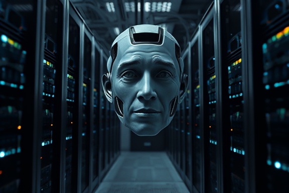 cutting-edge AI systems, thoughtful expression, problem-solving, photorealistic, in a data center with server racks and cooling systems, highly detailed, servers blinking lights and cables running, 10k resolution, monochrome silver and blue palette, subdued backlighting, shot with a 35mm lens.