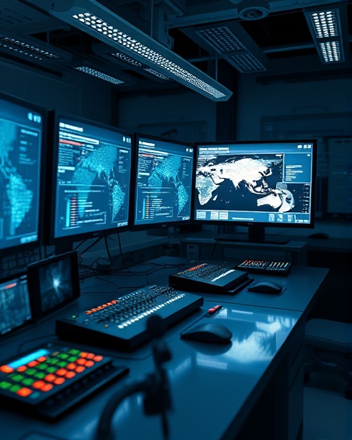 cutting-edge technology console, concentrated, processing information, photorealistic, an advanced laboratory setup with interactive monitors, highly detailed, flowing visual data streams, 16k high-resolution, monochrome scheme, diffused LED lighting, shot with a macro lens