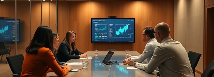 holistic AI solutions, collaborative, strategizing in a meeting, photorealistic, in a conference room surrounded by diverse team members, highly detailed, virtual screens with analytics, 5k definition, natural earthy tones, warm overhead lighting, shot with a 28mm lens