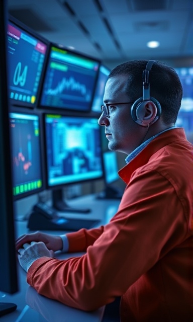 professional AI operator, concentrated and focused, analyzing data streams, photorealistic, in a control room with multiple monitors and digital readouts, highly detailed, translucent touch panels, HDR, royal blue and white, direct lighting, shot with an 85mm lens.