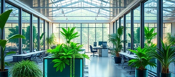 revolutionary AI future, optimistic, creating smart solutions, photorealistic, open workspace filled with greenery, highly detailed, digital interfaces, macro photography, vibrant chroma, natural lighting, shot with a 85mm lens.