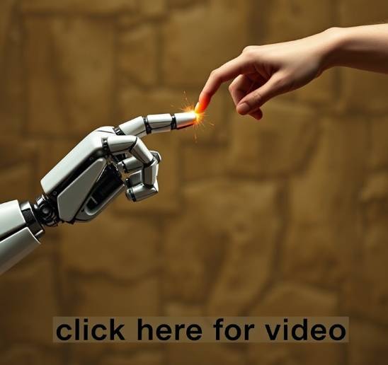 Robot and human fingers almost touching, inspired by Sistine Chapel, with a spark.