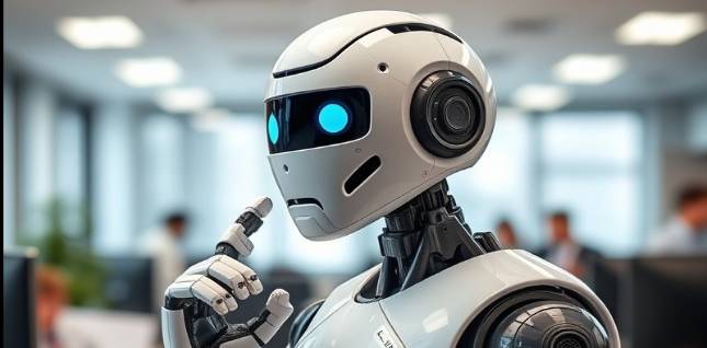 A robot answering a phone call in a busy office environment.