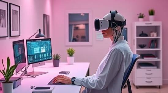 supportive AI assistant, meticulous expression, tracking progress, photorealistic, ergonomically designed personal workspace, highly detailed, virtual reality elements incorporated, 8k, pastel colors, task-centric LED lighting, shot with a prime lens.
