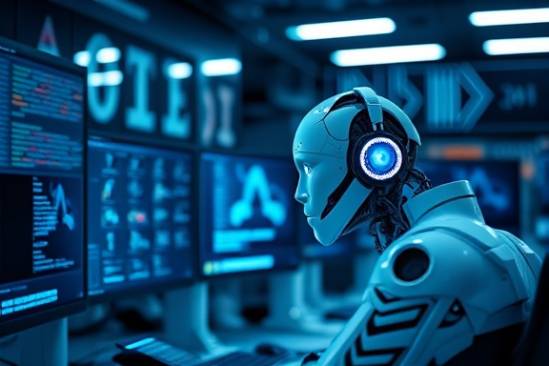smart AI technology, inquisitive expression, enhancing productivity, photorealistic, software development hub with cutting-edge computers, highly detailed, coding and AI interface designs, 6k, bright white, focused lighting accents, shot with a telephoto lens.