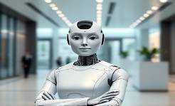 efficient AI receptionist, pleasant expression, managing appointments, photorealistic, elegant modern lobby with architecture finesse, highly detailed, seamless check-in technology, 4k, silver and glass, ambient track lighting, shot with a tilt-shift lens.