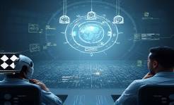 transcendent AI solutions, visionary expression, forecasting, photorealistic, innovation think tank environment with tech-savvy design, highly detailed, virtual ecosystem interactions, ultra HD, futuristic shades of gray, soft contour lighting, shot with a zoom lens.