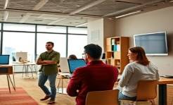versatile AI office, inclusive expression, vibrant brainstorming, photorealistic, hybrid workspace with smart office technology, highly detailed, collaborative AI-driven environments, 4k, natural earth tones, adaptive lighting, shot with a short focal lens.