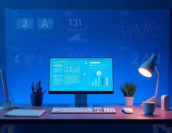 perceptive AI assistant, calm expression, organizing information, photorealistic, avant-garde desk setup with seamless interface technology, highly detailed, responsive AI tools, 5k, soothing blue, relaxed ambient light, shot with a pancake lens.